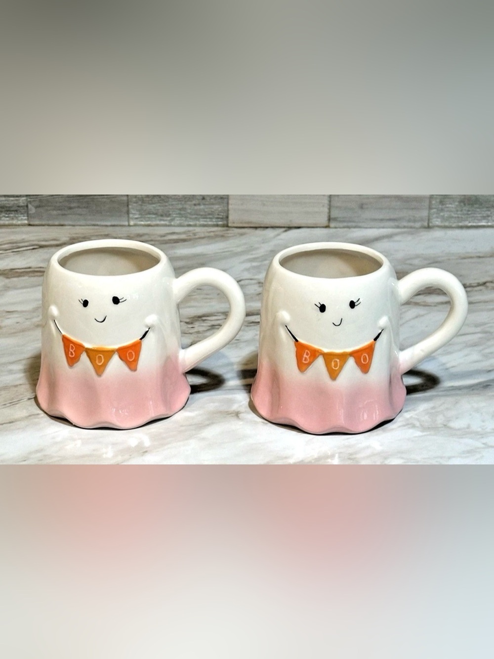 Set of Two 18 oz Each Pink & White Ghost Mugs Cups New Boston Warehouse Trading